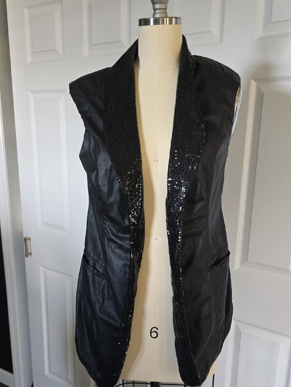bebe Kardashian Black Sequin-Trim Leather-Look Sleeveless Vest